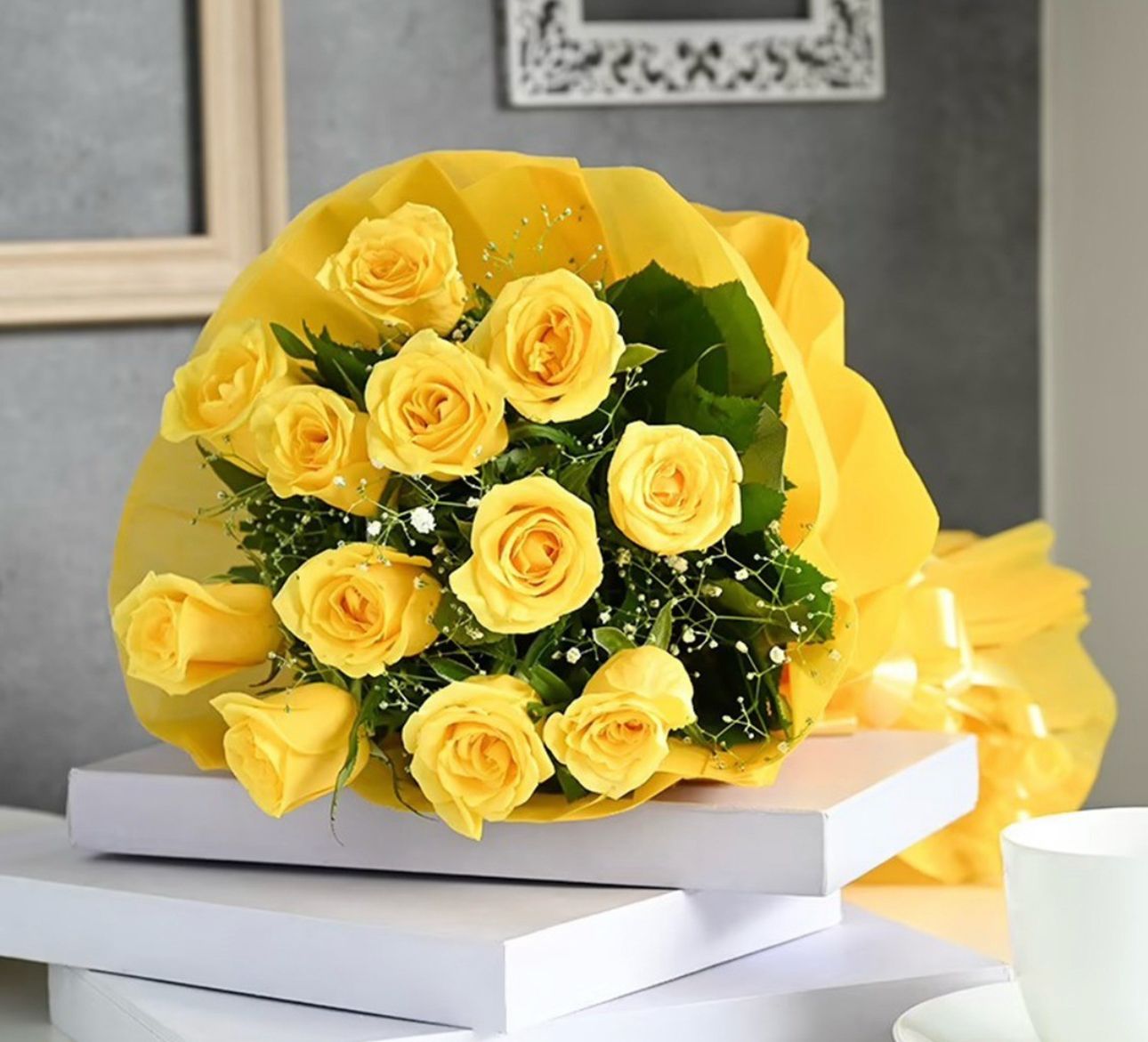 Yellow Roses hand bouquet with Gipso by BloomsOnly, Pune's number 1 flower delivery website