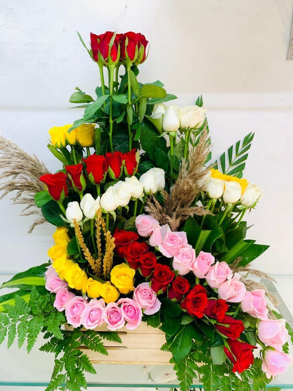 80 Roses wooden basket bouquet by BloomsOnly, Pune's number 1 flower delivery website