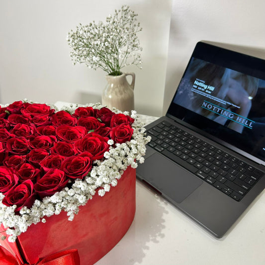 Red Roses box bouquet with Gipso by BloomsOnly, Pune's number 1 flower delivery website